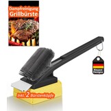Grillreinigingsborstel voor alle barbecues | Hittebestendige kop, lange borstelharen, RVS spatel, extra lange warmte-isolerende handgreep, zwart
