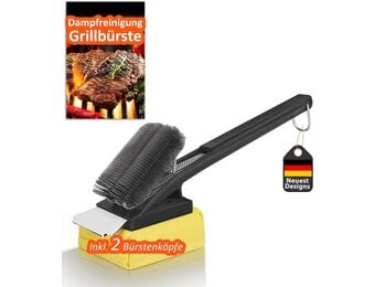 Grillreinigingsborstel voor alle barbecues | Hittebestendige kop, lange borstelharen, RVS spatel, extra lange warmte-isolerende handgreep, zwart