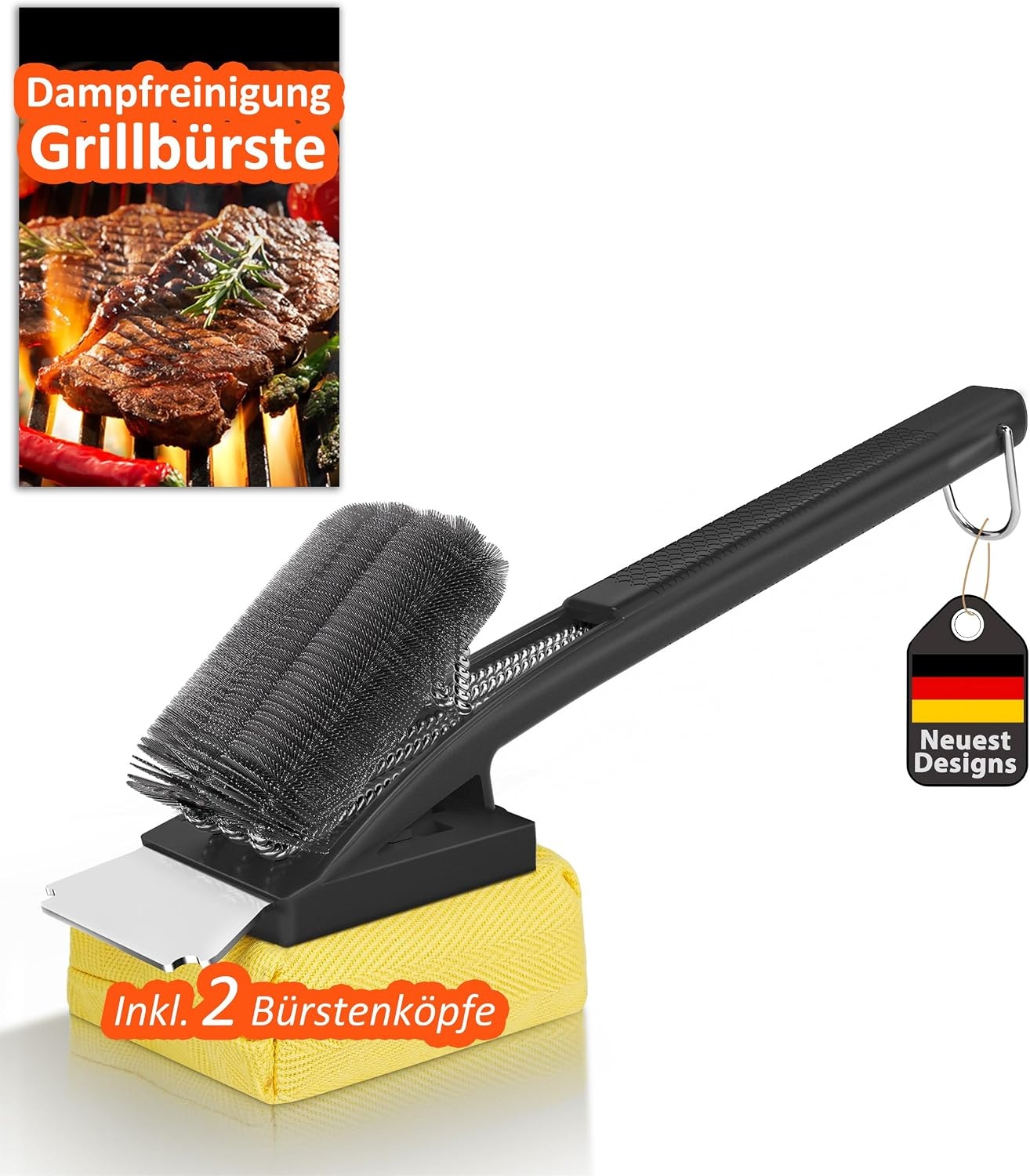 Grillreinigingsborstel voor alle barbecues | Hittebestendige kop, lange borstelharen, RVS spatel, extra lange warmte-isolerende handgreep, zwart