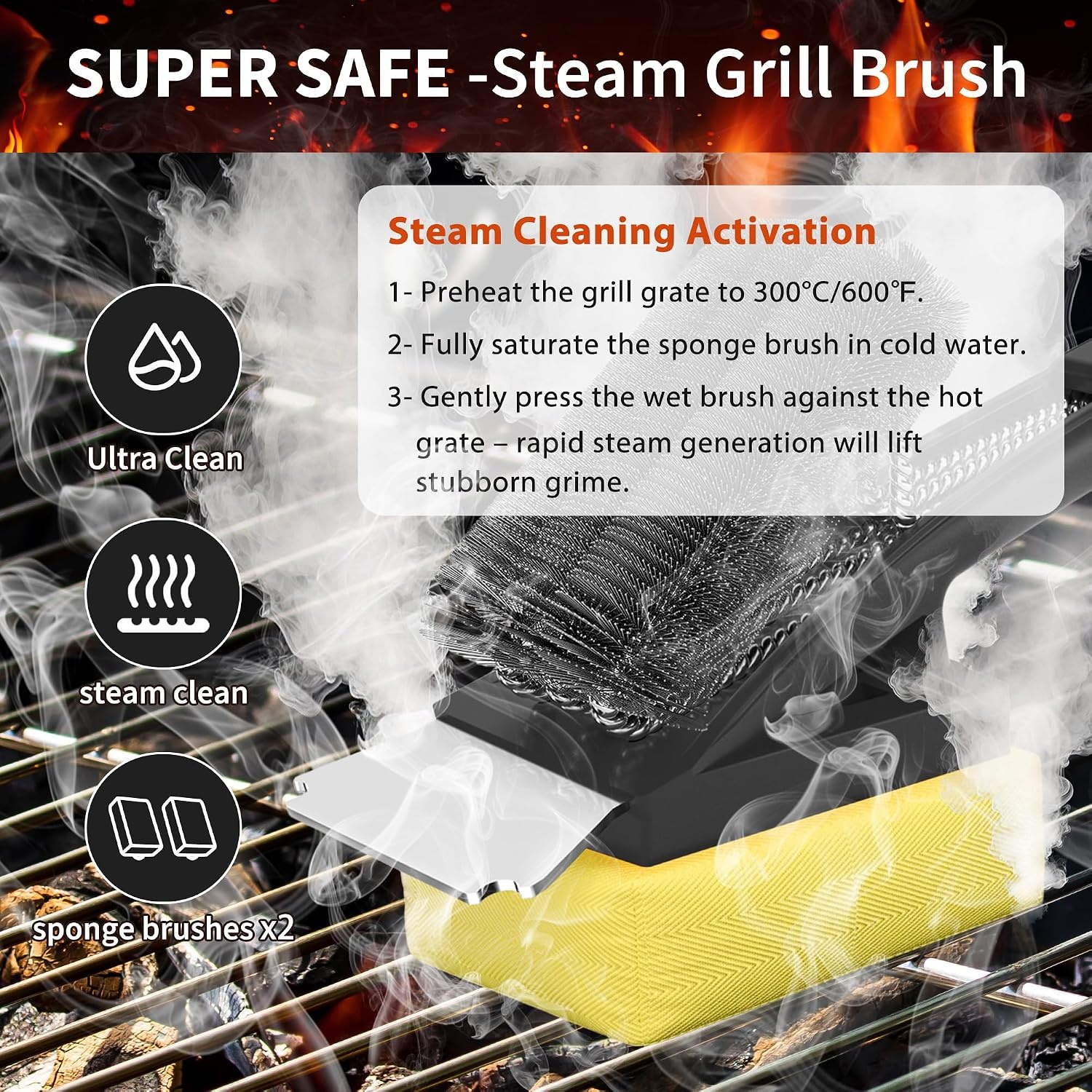 Grillreinigingsborstel voor alle barbecues | Hittebestendige kop, lange borstelharen, RVS spatel, extra lange warmte-isolerende handgreep, zwart