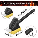 Grillreinigingsborstel voor alle barbecues | Hittebestendige kop, lange borstelharen, RVS spatel, extra lange warmte-isolerende handgreep, zwart