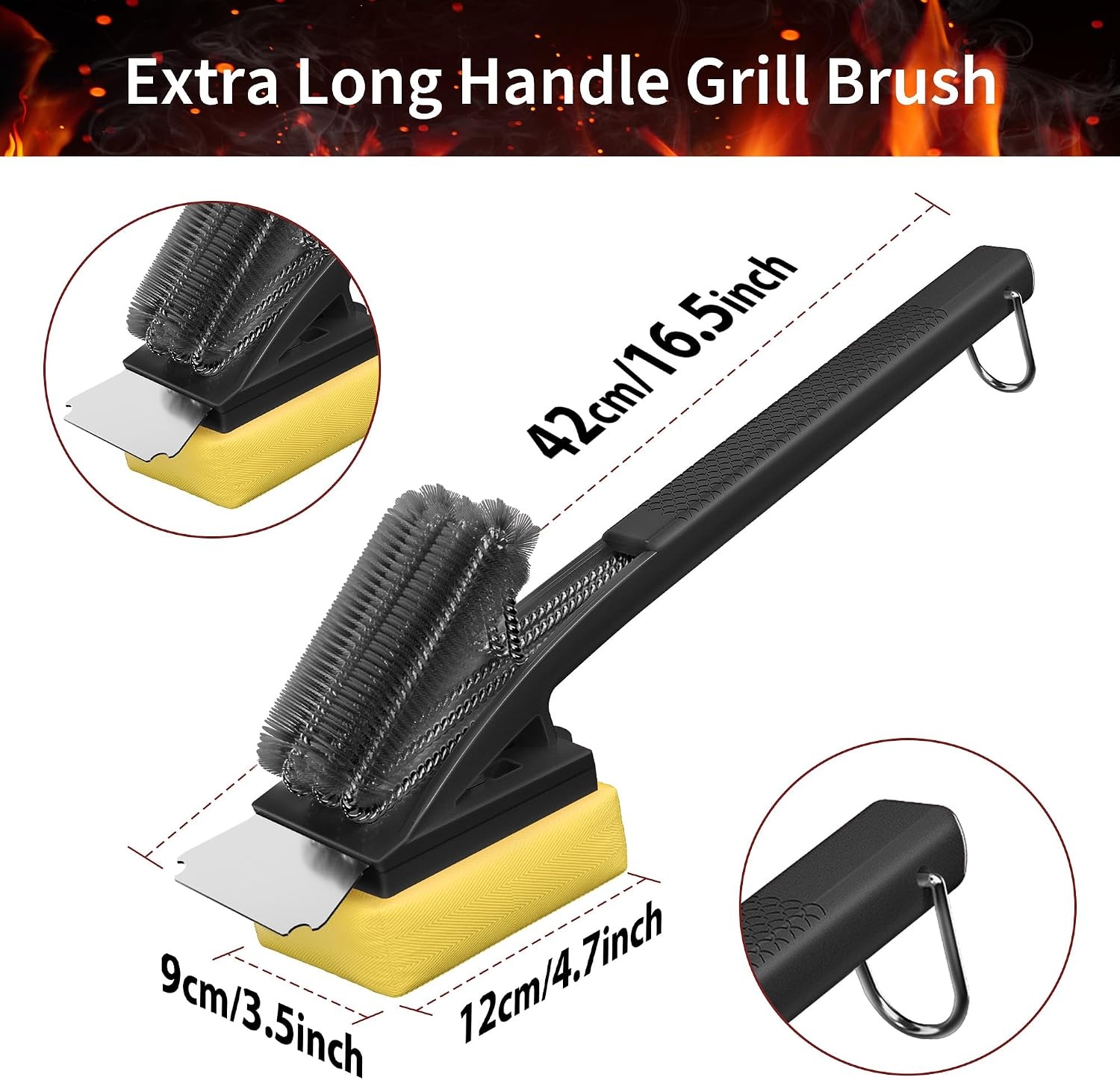 Grillreinigingsborstel voor alle barbecues | Hittebestendige kop, lange borstelharen, RVS spatel, extra lange warmte-isolerende handgreep, zwart