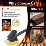 Grillreinigingsborstel voor alle barbecues | Hittebestendige kop, lange borstelharen, RVS spatel, extra lange warmte-isolerende handgreep, zwart
