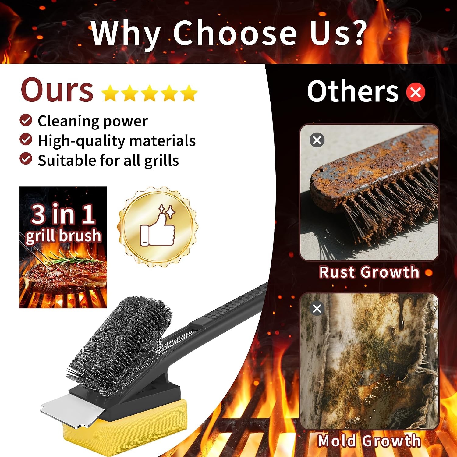 Grillreinigingsborstel voor alle barbecues | Hittebestendige kop, lange borstelharen, RVS spatel, extra lange warmte-isolerende handgreep, zwart