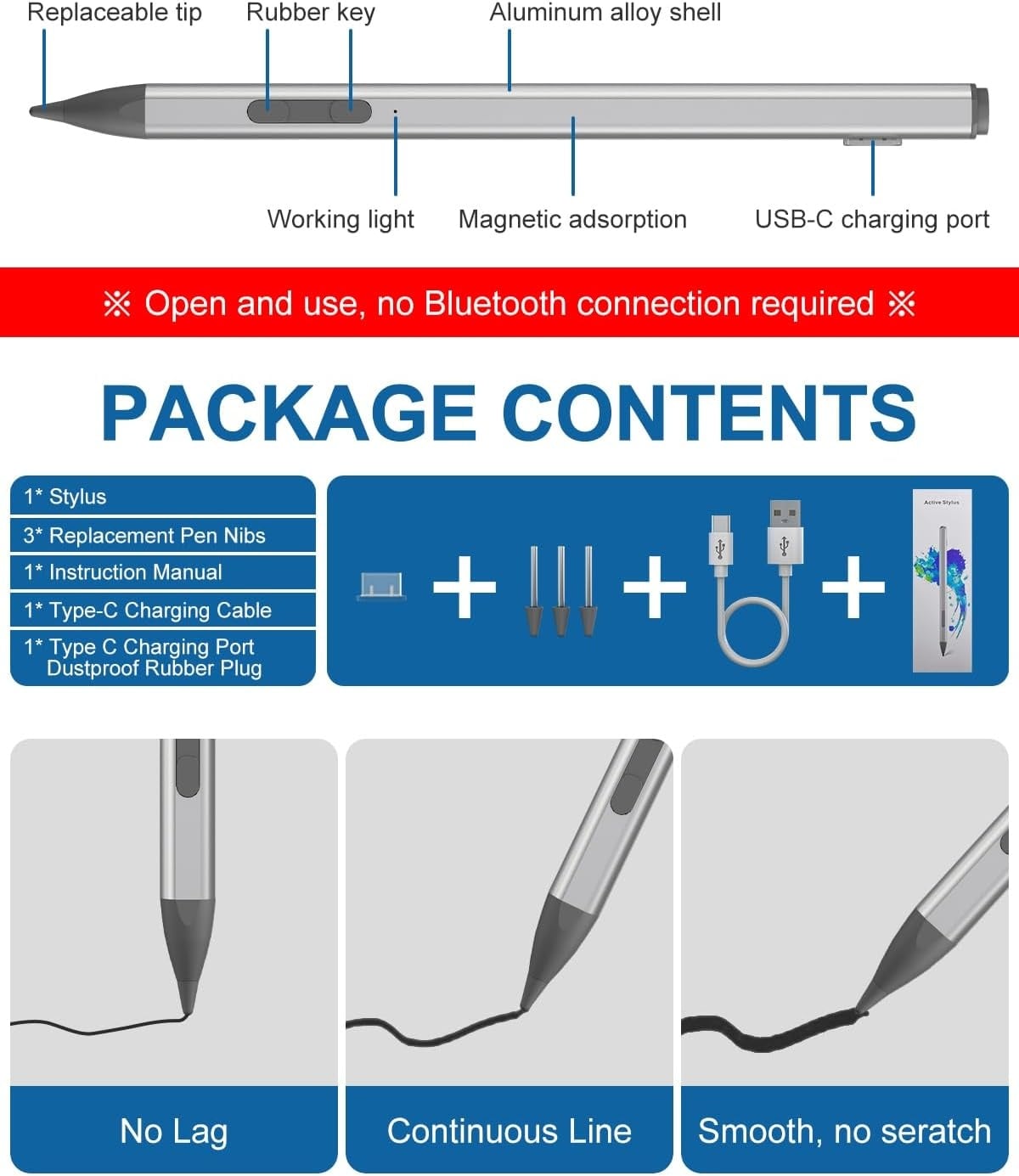 Stylus Pen voor Amazon Fire Max 11, Google Pixel Tablets, Lenovo Chromebook Duet & Acer Chromebook Spin314 | USI 2.0 | Magnetische Adsorptie, LED & Gu