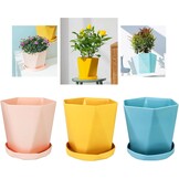 Set van 3 Kunststof Plantenpotten met Schotel - 14.5 cm - Roze, Geel, Blauw - 73% Korting!
