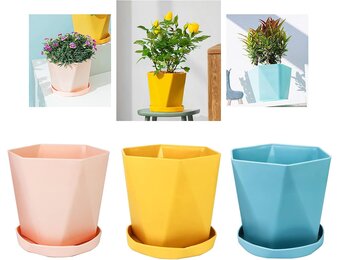 Set van 3 Kunststof Plantenpotten met Schotel - 14.5 cm - Roze, Geel, Blauw - 73% Korting!