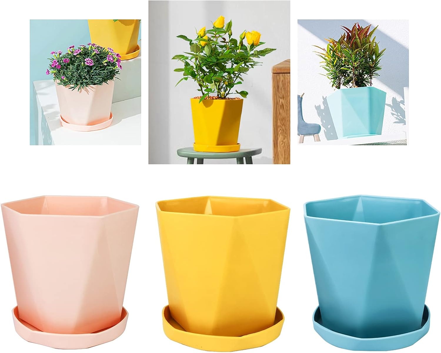 Set van 3 Kunststof Plantenpotten met Schotel - 14.5 cm - Roze, Geel, Blauw - 73% Korting!
