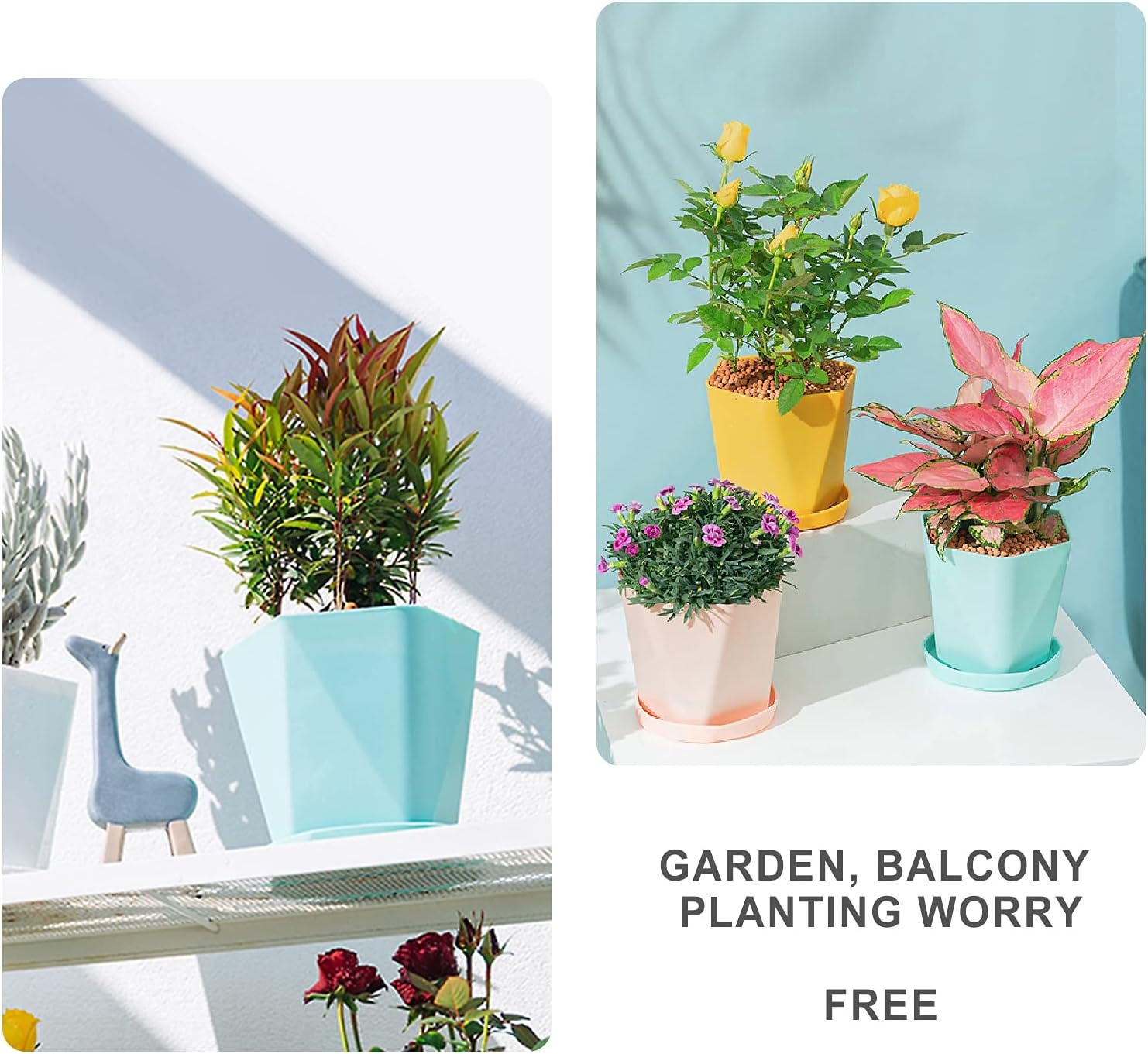 Set van 3 Kunststof Plantenpotten met Schotel - 14.5 cm - Roze, Geel, Blauw - 73% Korting!