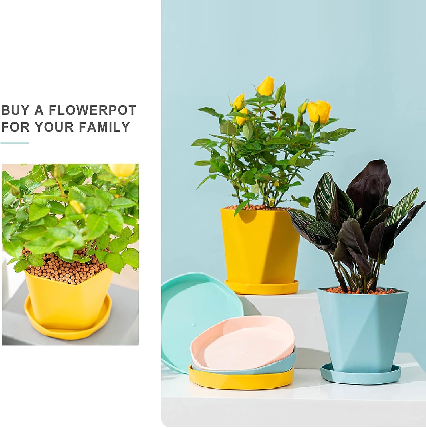 Set van 3 Kunststof Plantenpotten met Schotel - 14.5 cm - Roze, Geel, Blauw - 73% Korting!