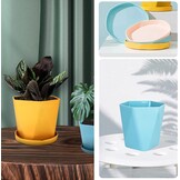Set van 3 Kunststof Plantenpotten met Schotel - 14.5 cm - Roze, Geel, Blauw - 73% Korting!