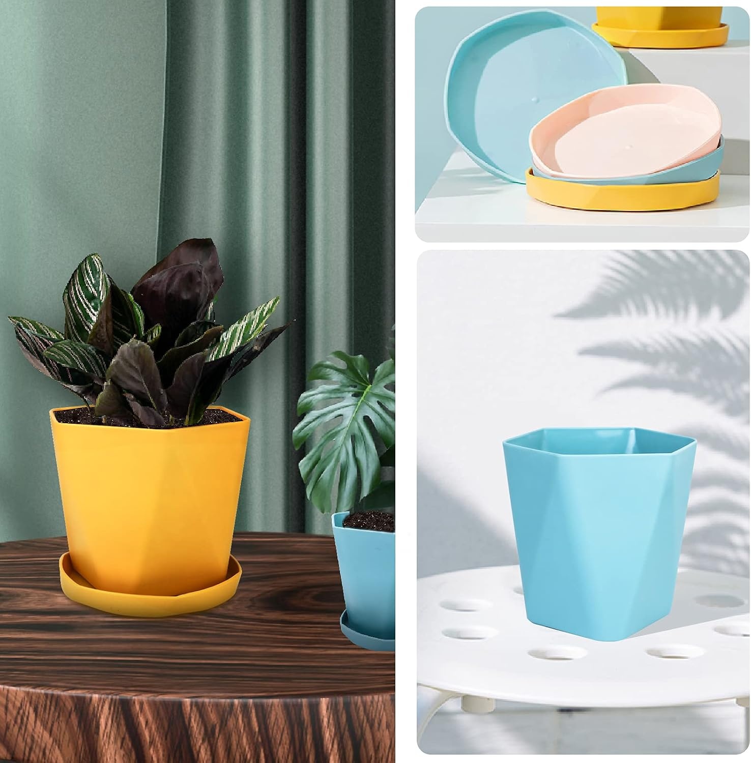 Set van 3 Kunststof Plantenpotten met Schotel - 14.5 cm - Roze, Geel, Blauw - 73% Korting!