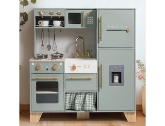 ROBUD Houten speelkeuken voor kinderen peuters, hoek houten speelkeuken met koelkast, ijsmachine, koffiezetapparaat, sapcentrifuge, oven, vaatwasser, magnetron, gebruiksvoorwerpen, cadeau voor