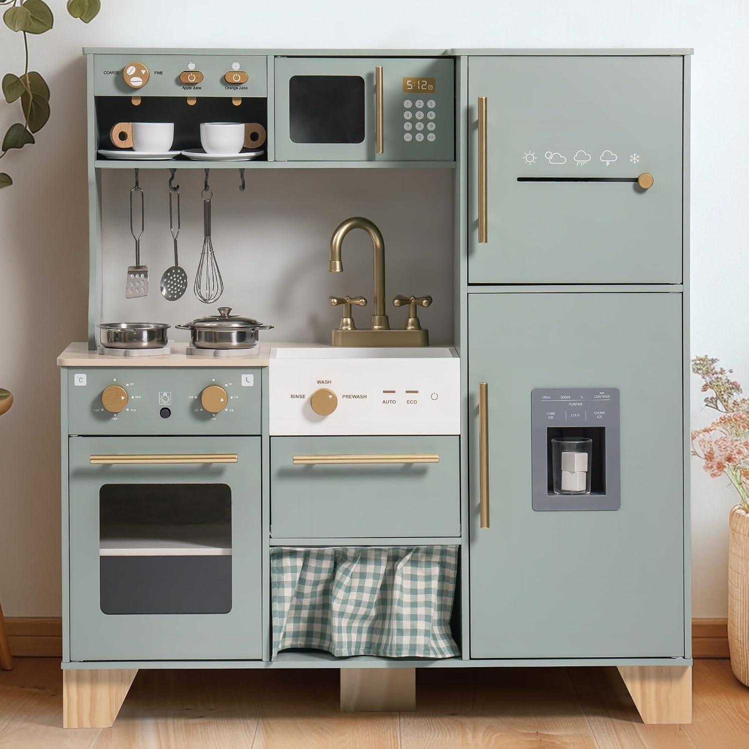 ROBUD Houten speelkeuken voor kinderen peuters, hoek houten speelkeuken met koelkast, ijsmachine, koffiezetapparaat, sapcentrifuge, oven, vaatwasser, magnetron, gebruiksvoorwerpen, cadeau voor