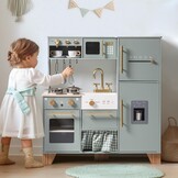 ROBUD Houten speelkeuken voor kinderen peuters, hoek houten speelkeuken met koelkast, ijsmachine, koffiezetapparaat, sapcentrifuge, oven, vaatwasser, magnetron, gebruiksvoorwerpen, cadeau voor