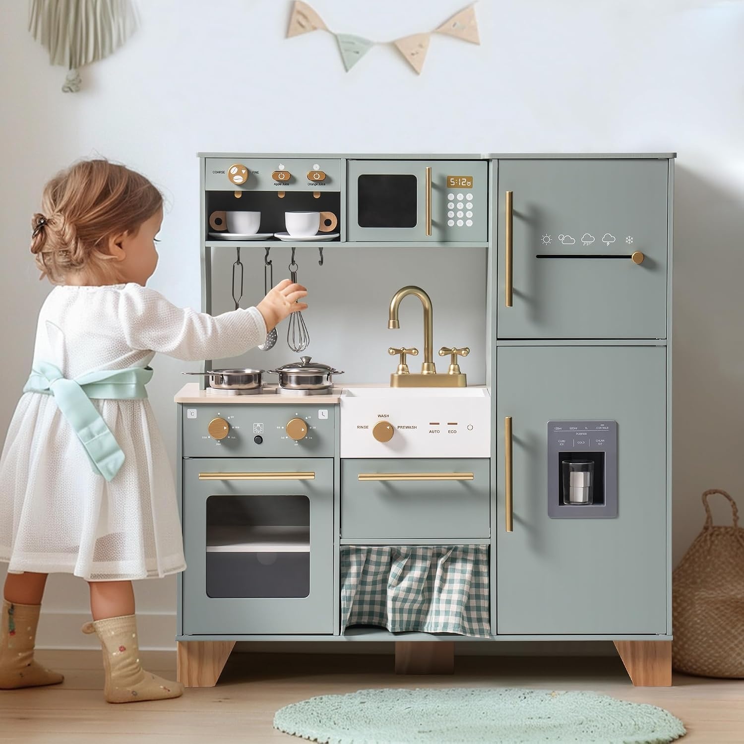 ROBUD Houten speelkeuken voor kinderen peuters, hoek houten speelkeuken met koelkast, ijsmachine, koffiezetapparaat, sapcentrifuge, oven, vaatwasser, magnetron, gebruiksvoorwerpen, cadeau voor