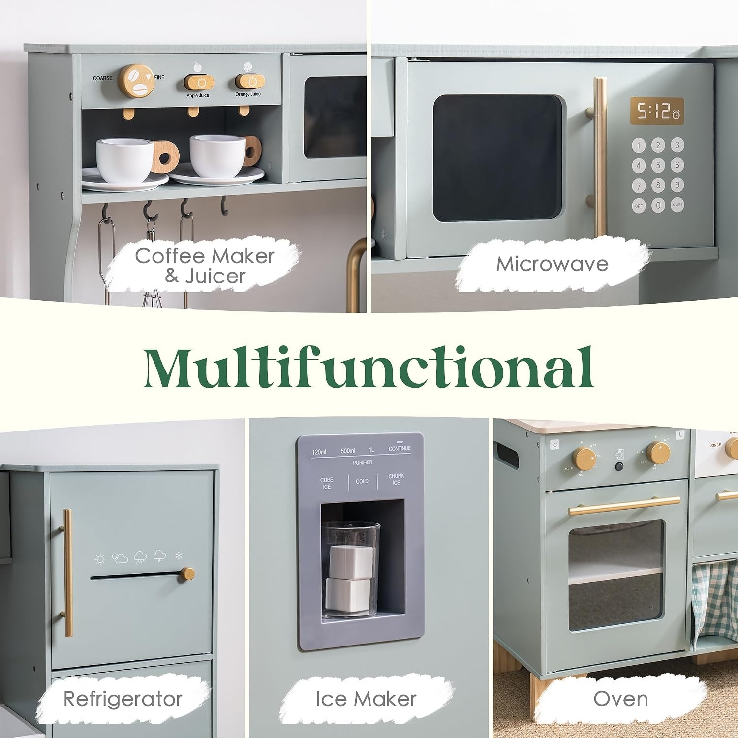 ROBUD Houten speelkeuken voor kinderen peuters, hoek houten speelkeuken met koelkast, ijsmachine, koffiezetapparaat, sapcentrifuge, oven, vaatwasser, magnetron, gebruiksvoorwerpen, cadeau voor
