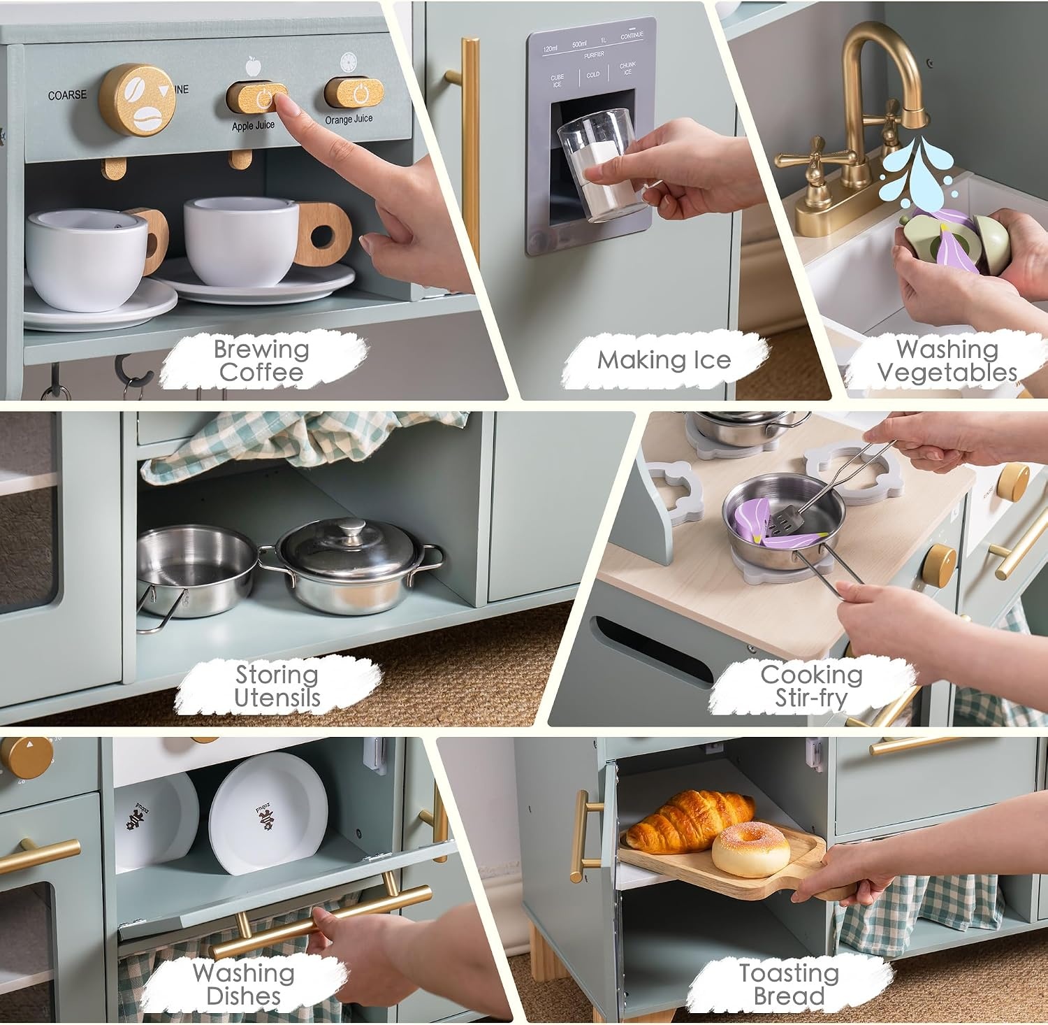 ROBUD Houten speelkeuken voor kinderen peuters, hoek houten speelkeuken met koelkast, ijsmachine, koffiezetapparaat, sapcentrifuge, oven, vaatwasser, magnetron, gebruiksvoorwerpen, cadeau voor
