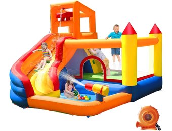 Ballsea Groot springkasteel met ventilator, droog-/waterglijbaan, geschikt voor kinderen van 3 tot 10 jaar, kinderkasteel voor binnen of buiten, 320 x 280 x 232 cm