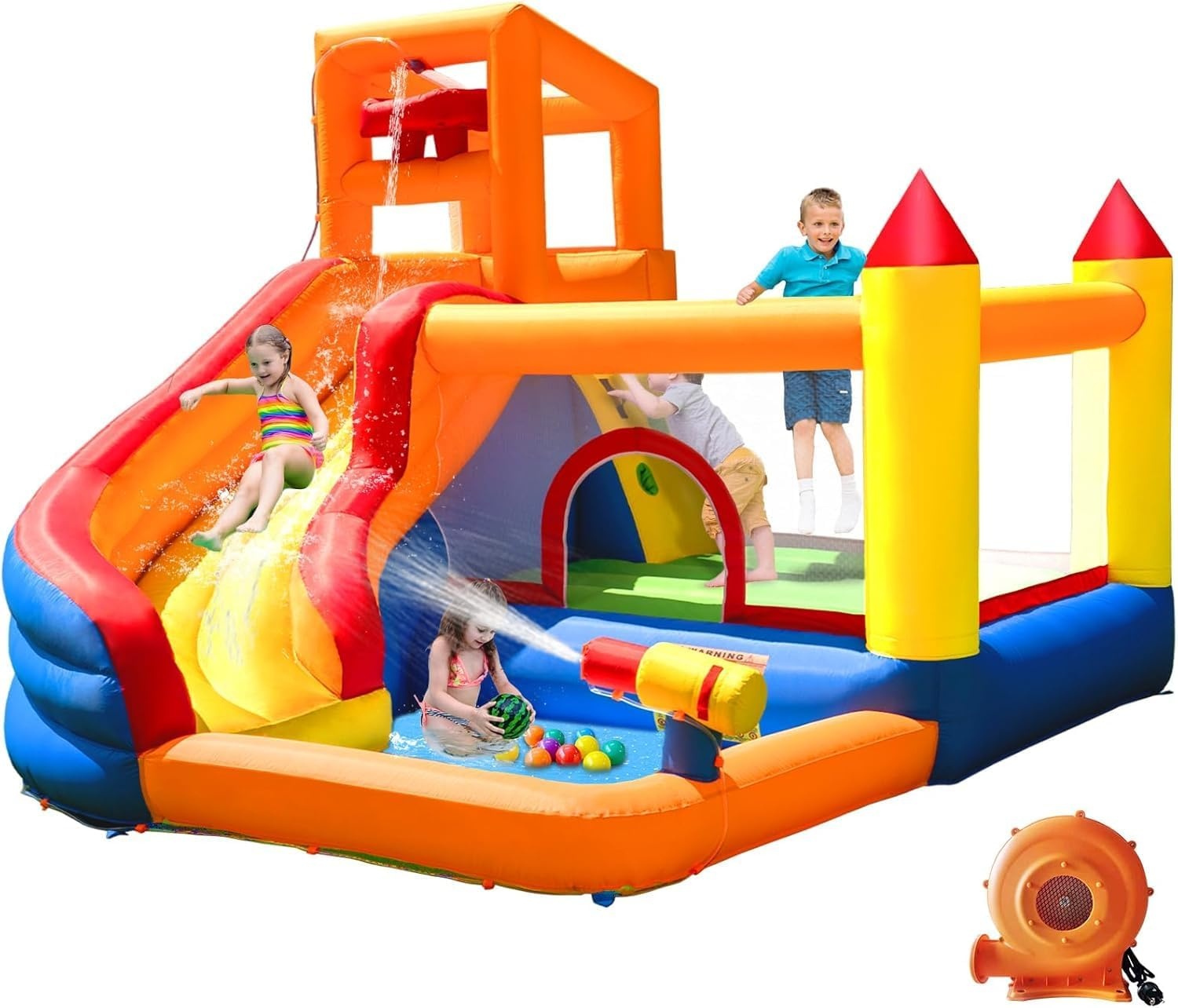 Ballsea Groot springkasteel met ventilator, droog-/waterglijbaan, geschikt voor kinderen van 3 tot 10 jaar, kinderkasteel voor binnen of buiten, 320 x 280 x 232 cm