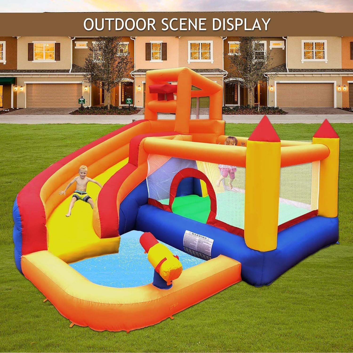 Ballsea Groot springkasteel met ventilator, droog-/waterglijbaan, geschikt voor kinderen van 3 tot 10 jaar, kinderkasteel voor binnen of buiten, 320 x 280 x 232 cm