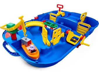 AquaPlay - LockBox - waterbaan als transportkoffer met 27 delen, speelset inclusief 1 Hippo Wilma, amfibieauto en containerboot, voor kinderen vanaf 3 jaar, 8700001516, blauw