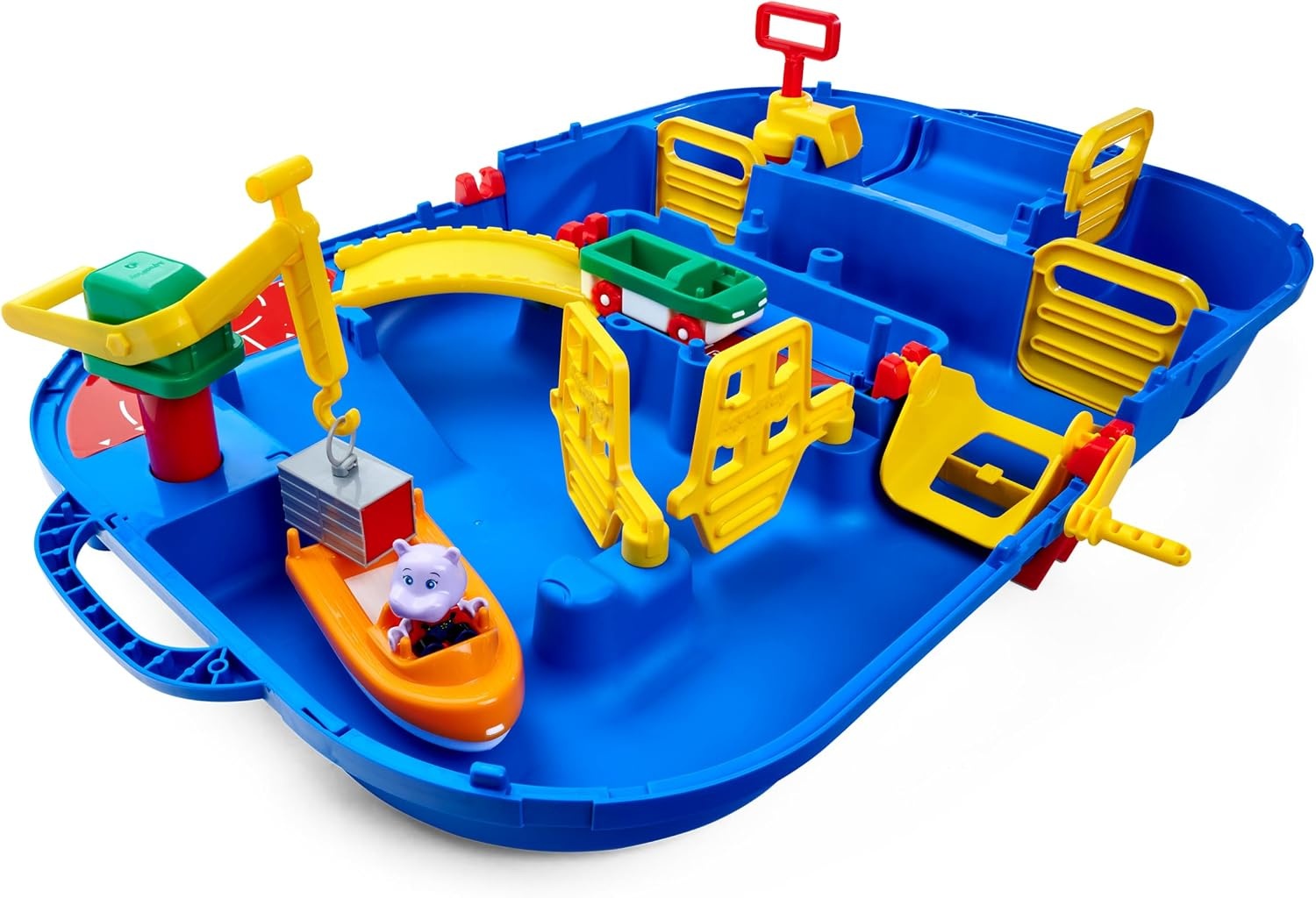 AquaPlay - LockBox - waterbaan als transportkoffer met 27 delen, speelset inclusief 1 Hippo Wilma, amfibieauto en containerboot, voor kinderen vanaf 3 jaar, 8700001516, blauw
