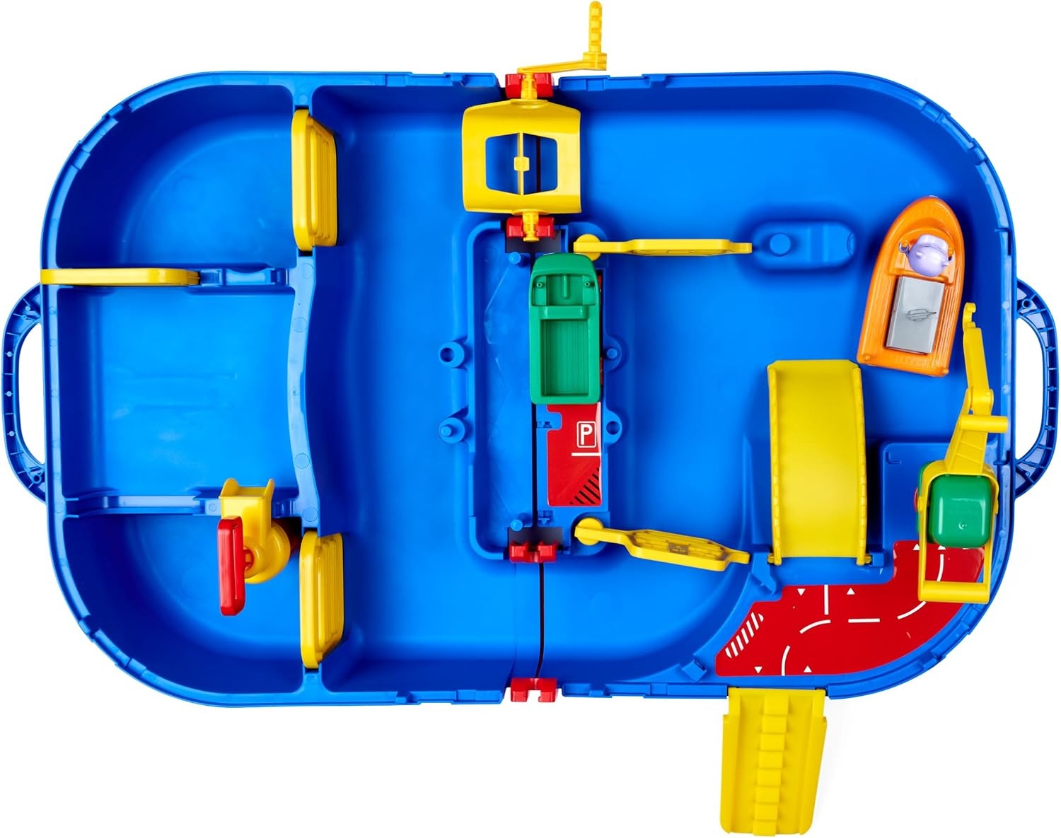 AquaPlay - LockBox - waterbaan als transportkoffer met 27 delen, speelset inclusief 1 Hippo Wilma, amfibieauto en containerboot, voor kinderen vanaf 3 jaar, 8700001516, blauw