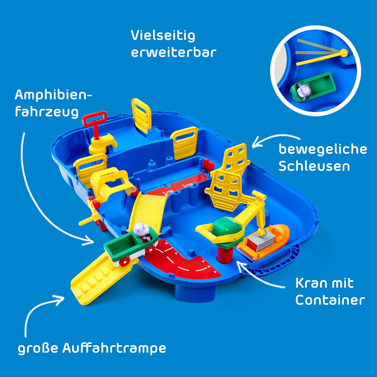 AquaPlay - LockBox - waterbaan als transportkoffer met 27 delen, speelset inclusief 1 Hippo Wilma, amfibieauto en containerboot, voor kinderen vanaf 3 jaar, 8700001516, blauw