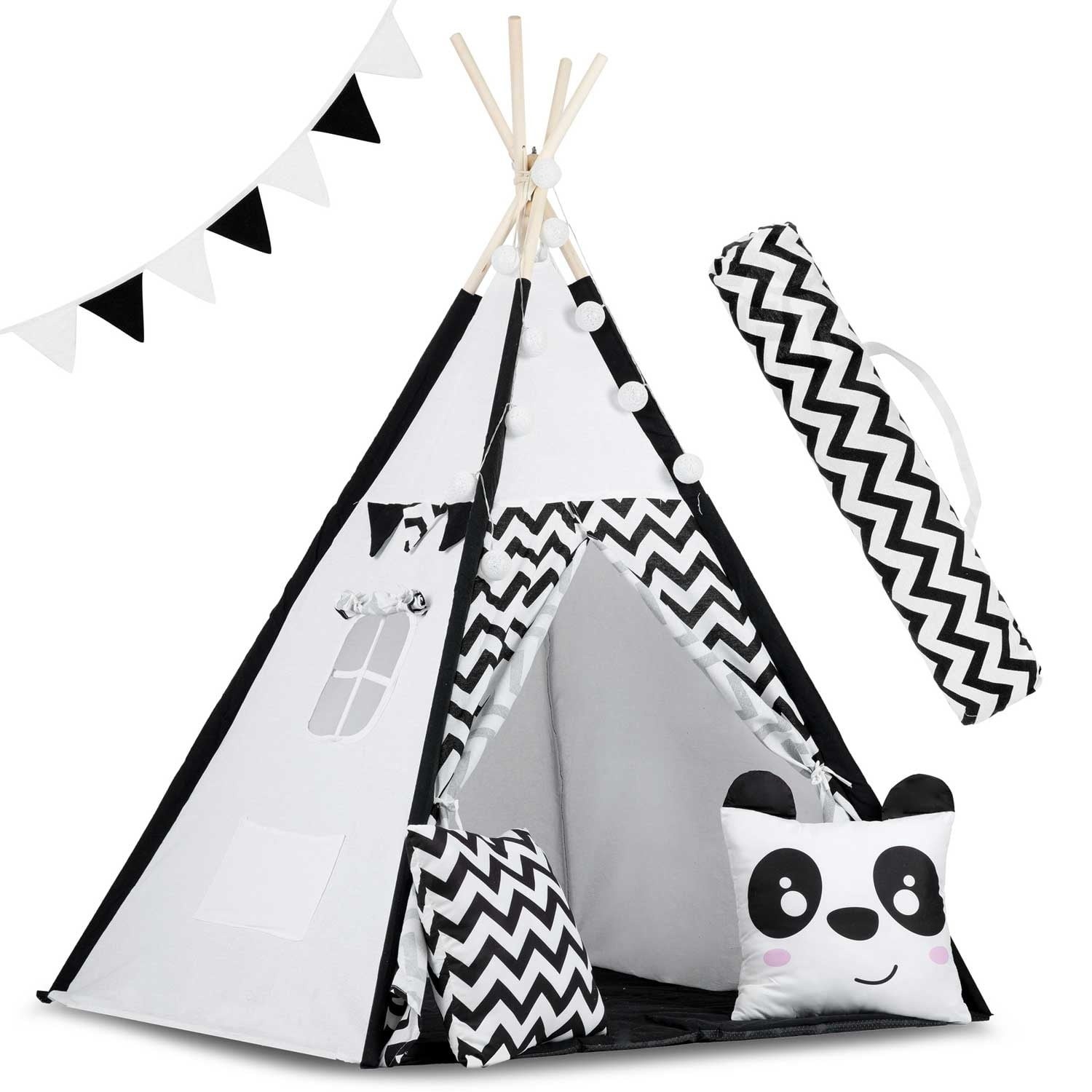 Tipi tent - Speeltent - Zwart en wit - met Kussens en Lampjes