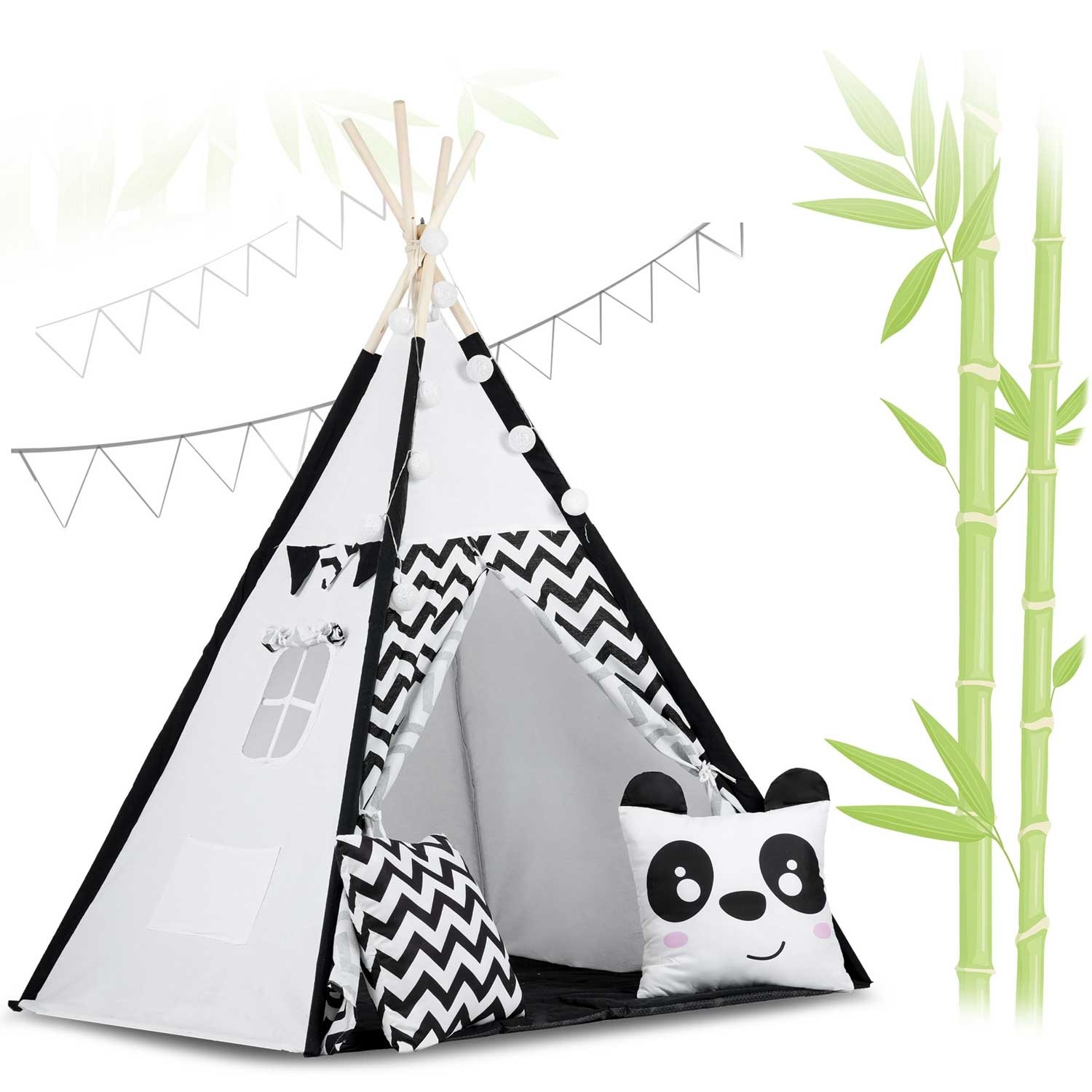 Tipi tent - Speeltent - Zwart en wit - met Kussens en Lampjes