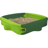 BIG Spielwarenfabrik 800056733 Sandy met harde kaft, zandbak met speelbare afdekking, comfortabel zitvlak, UV-bestendig en weerbestendig kunststof, 138 x 138 cm, voor kinderen vanaf 1 jaar, lichtgroen/donkergroen