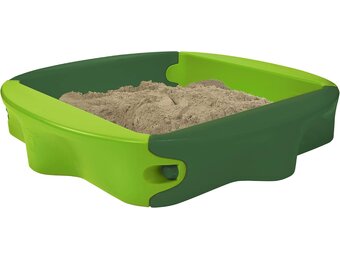 BIG Spielwarenfabrik 800056733 Sandy met harde kaft, zandbak met speelbare afdekking, comfortabel zitvlak, UV-bestendig en weerbestendig kunststof, 138 x 138 cm, voor kinderen vanaf 1 jaar, lichtgroen/donkergroen