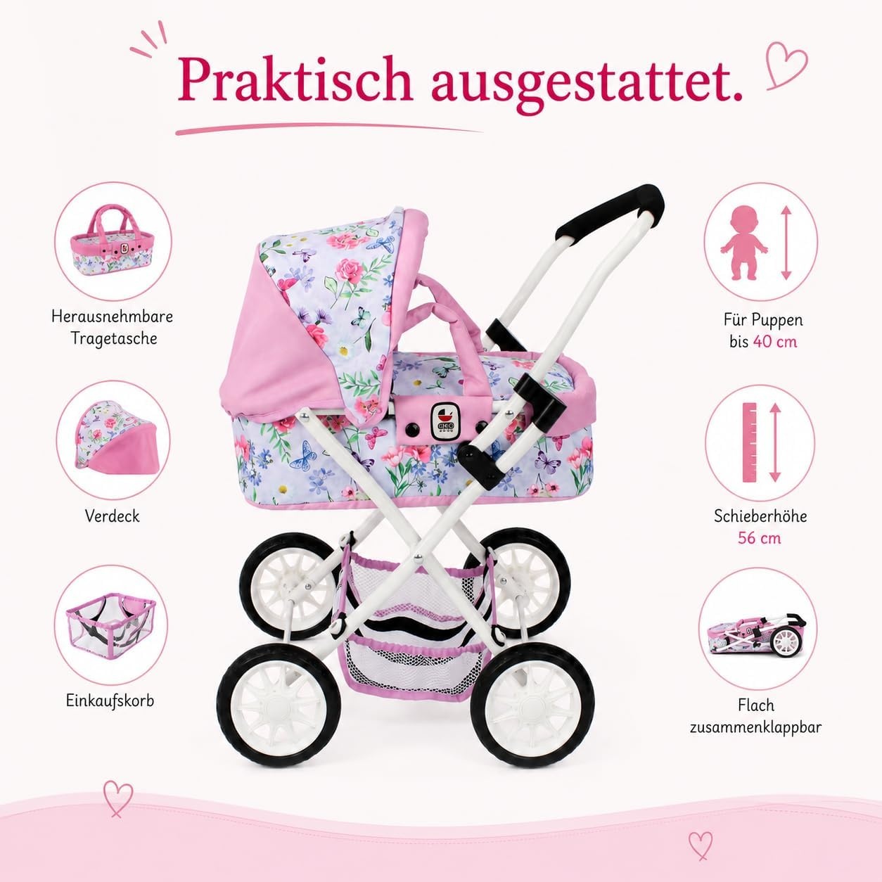 Bayer Chic 2000 Poppenwagen Smarty Bloemen Roze - 34% Korting