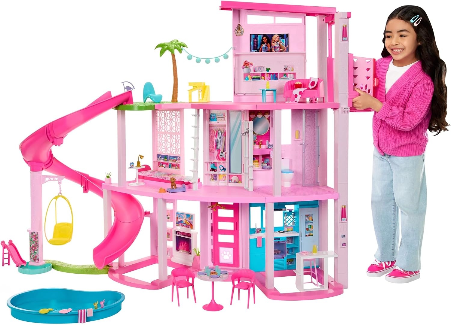 Barbie Droomhuis, Zwembadfeestje Poppenhuis met meer dan 75 onderdelen en een glijbaan over 3 verdiepingen, Barbie Huis Speelset, huisdierlift en puppyspeelplekken, HMX10