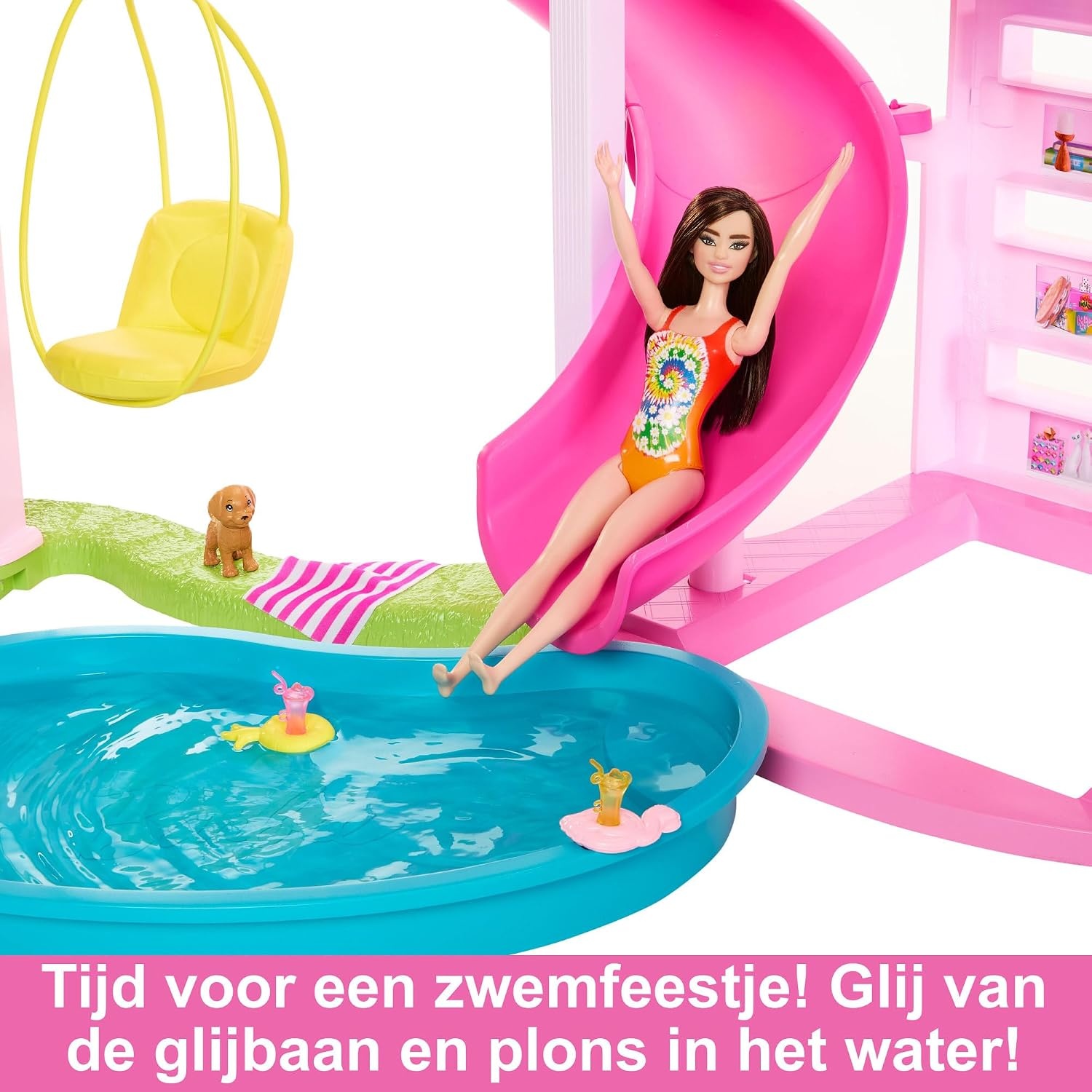 Barbie Droomhuis, Zwembadfeestje Poppenhuis met meer dan 75 onderdelen en een glijbaan over 3 verdiepingen, Barbie Huis Speelset, huisdierlift en puppyspeelplekken, HMX10