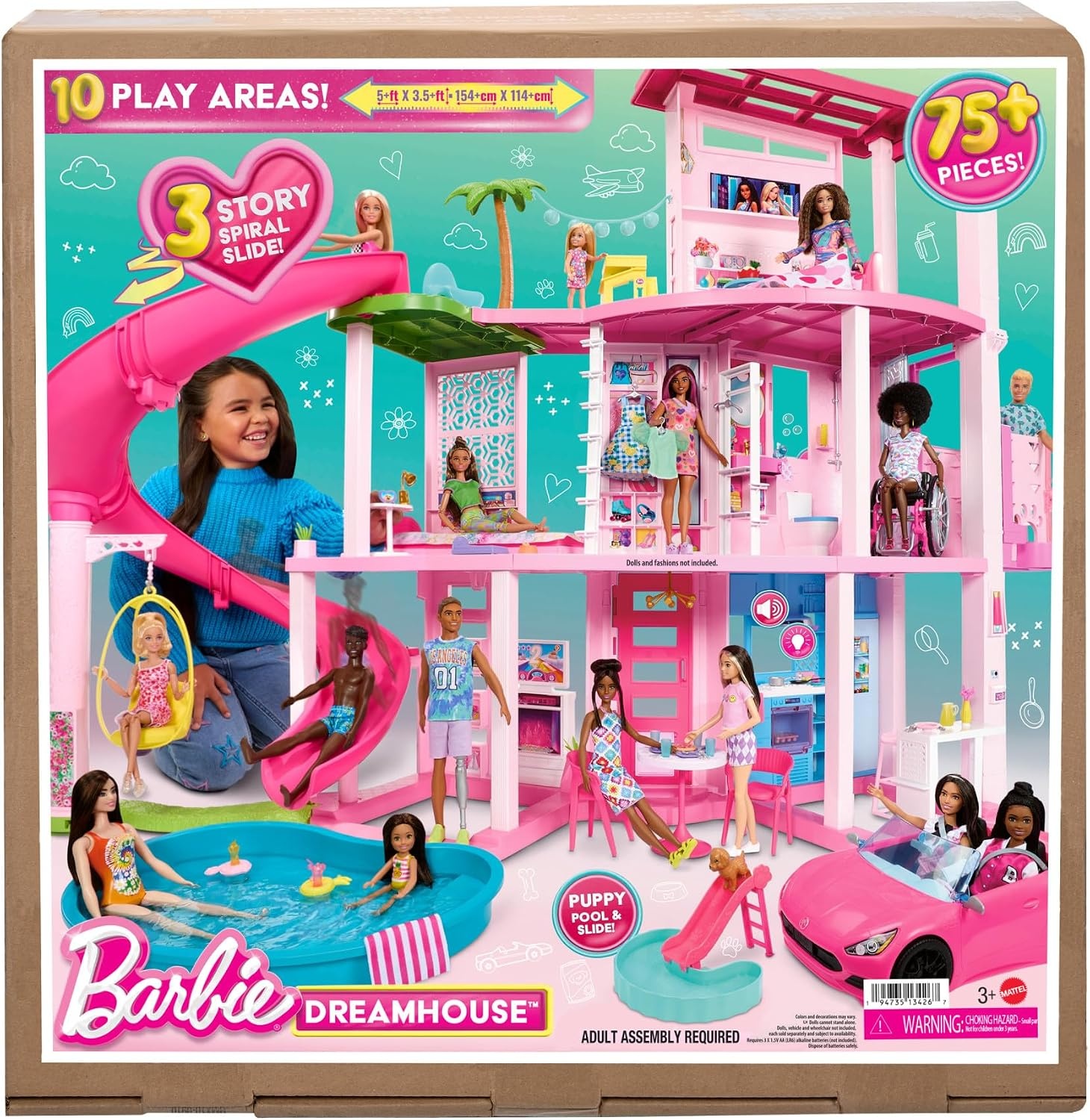 Barbie Droomhuis, Zwembadfeestje Poppenhuis met meer dan 75 onderdelen en een glijbaan over 3 verdiepingen, Barbie Huis Speelset, huisdierlift en puppyspeelplekken, HMX10
