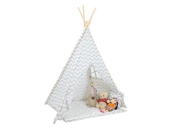 Tipi Tentspeeltent Kinderen Grijs Zigzag 120x160cm + Vloermat & 2 Kussens - 34% Korting
