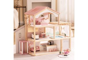Houten Poppenhuis met 6 Kamers, Meubels & Zwembad - 41% Korting!