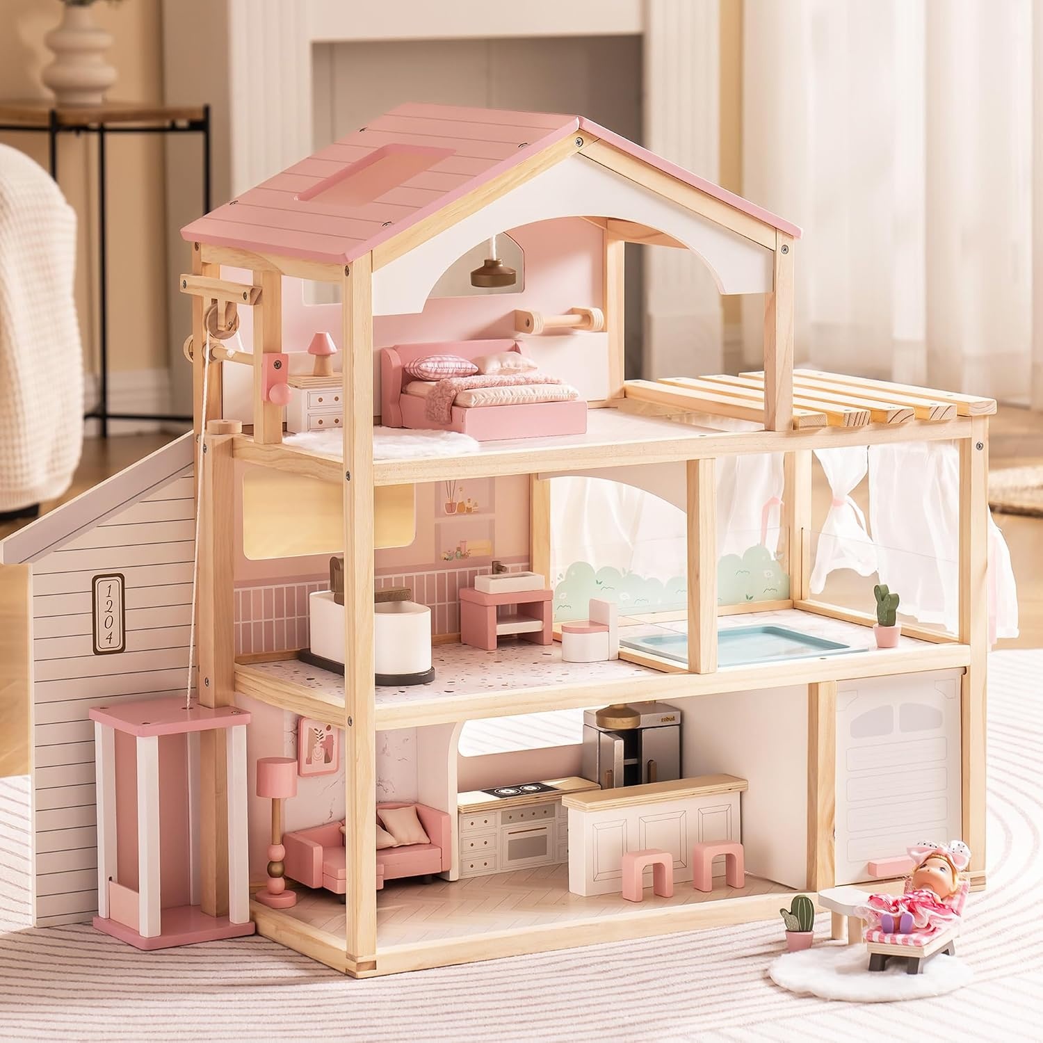 ROBUD Houten Poppenhuis Roze - 35% Korting! Ideaal Vanaf 3 Jaar