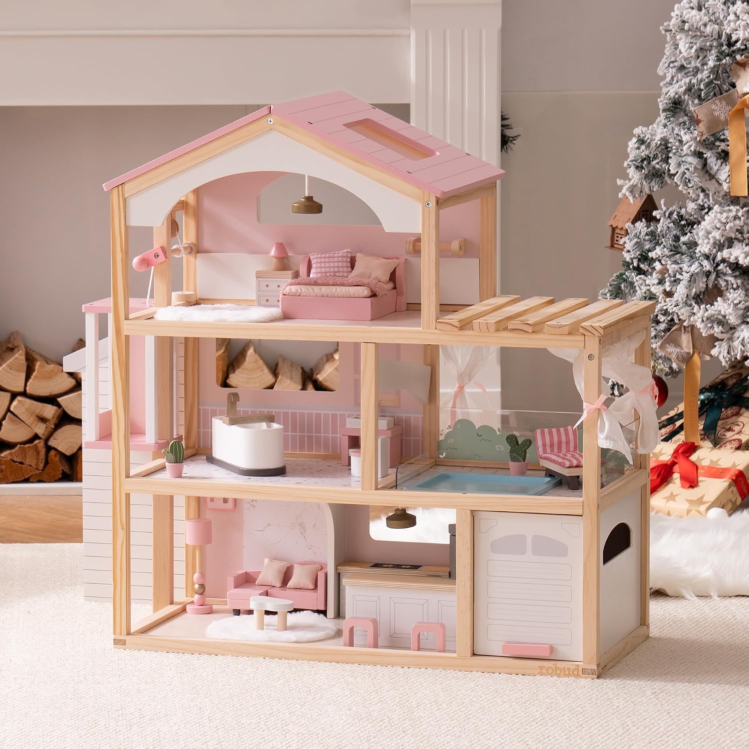 ROBUD Houten Poppenhuis Roze - 35% Korting! Ideaal Vanaf 3 Jaar