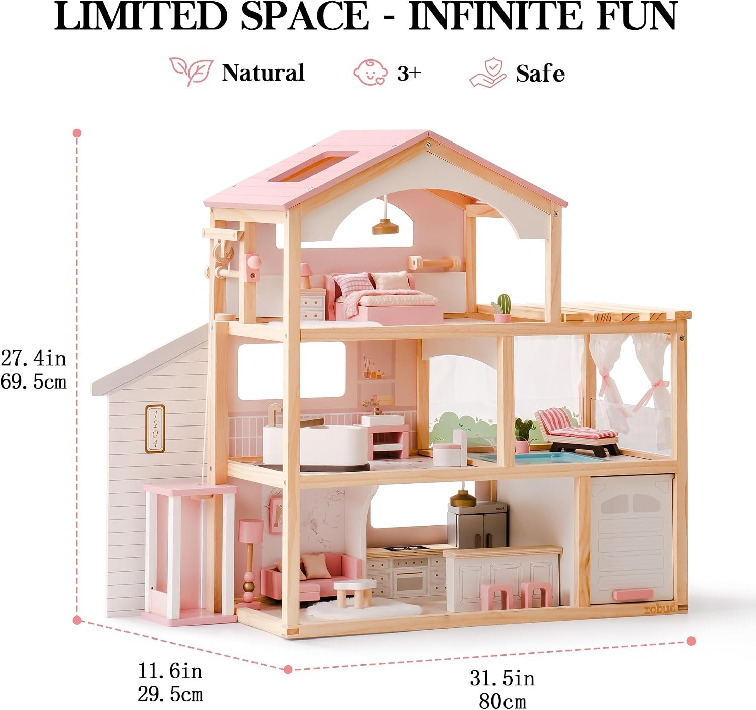 ROBUD Houten Poppenhuis Roze - 35% Korting! Ideaal Vanaf 3 Jaar