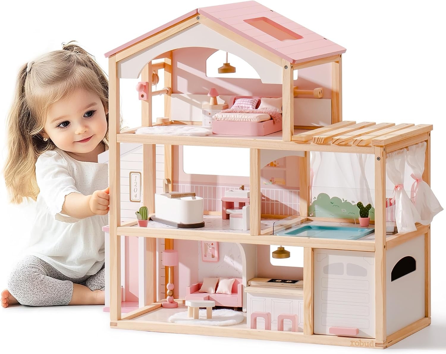 ROBUD Houten Poppenhuis Roze - 35% Korting! Ideaal Vanaf 3 Jaar