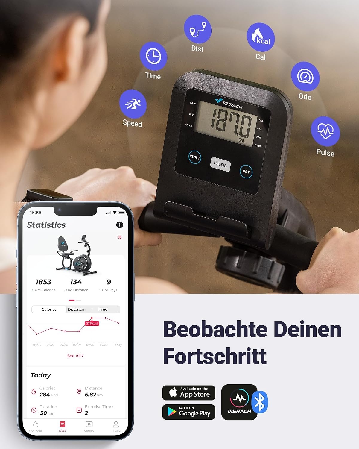 MERACH Ligergometer voor thuis met 8 verstelbare weerstandsniveaus, smart bluetooth, exclusieve app-connectiviteit, lcd-display, hartslagsensoren en verstelbare rugleuning