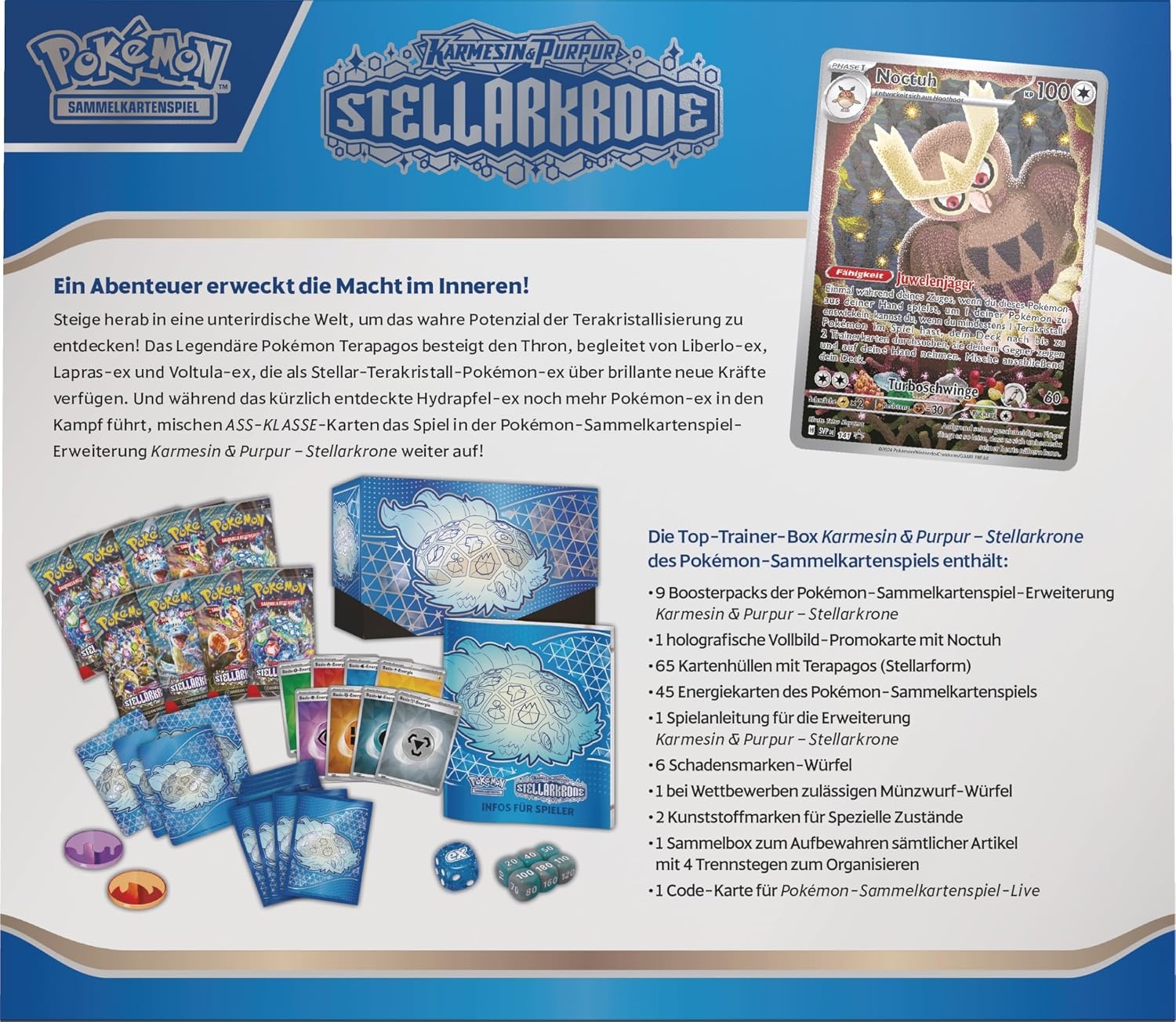 Pokémon - Verzamelkaartspel: Top Trainer-Box Karmesin & Purpur – Stellarkrone (1 full-screen promokaart, 9 boosterpacks & premium accessoires)