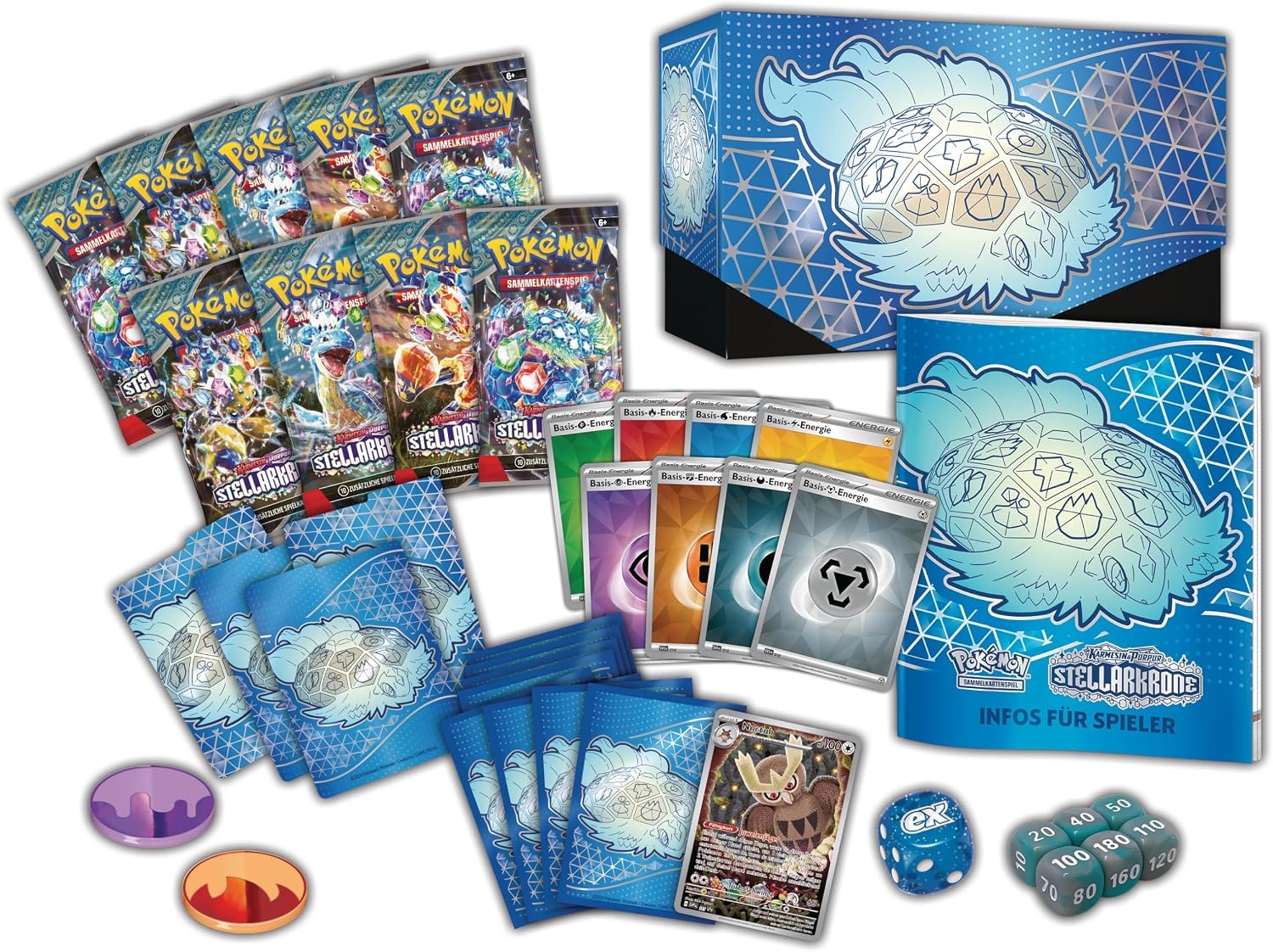 Pokémon - Verzamelkaartspel: Top Trainer-Box Karmesin & Purpur – Stellarkrone (1 full-screen promokaart, 9 boosterpacks & premium accessoires)