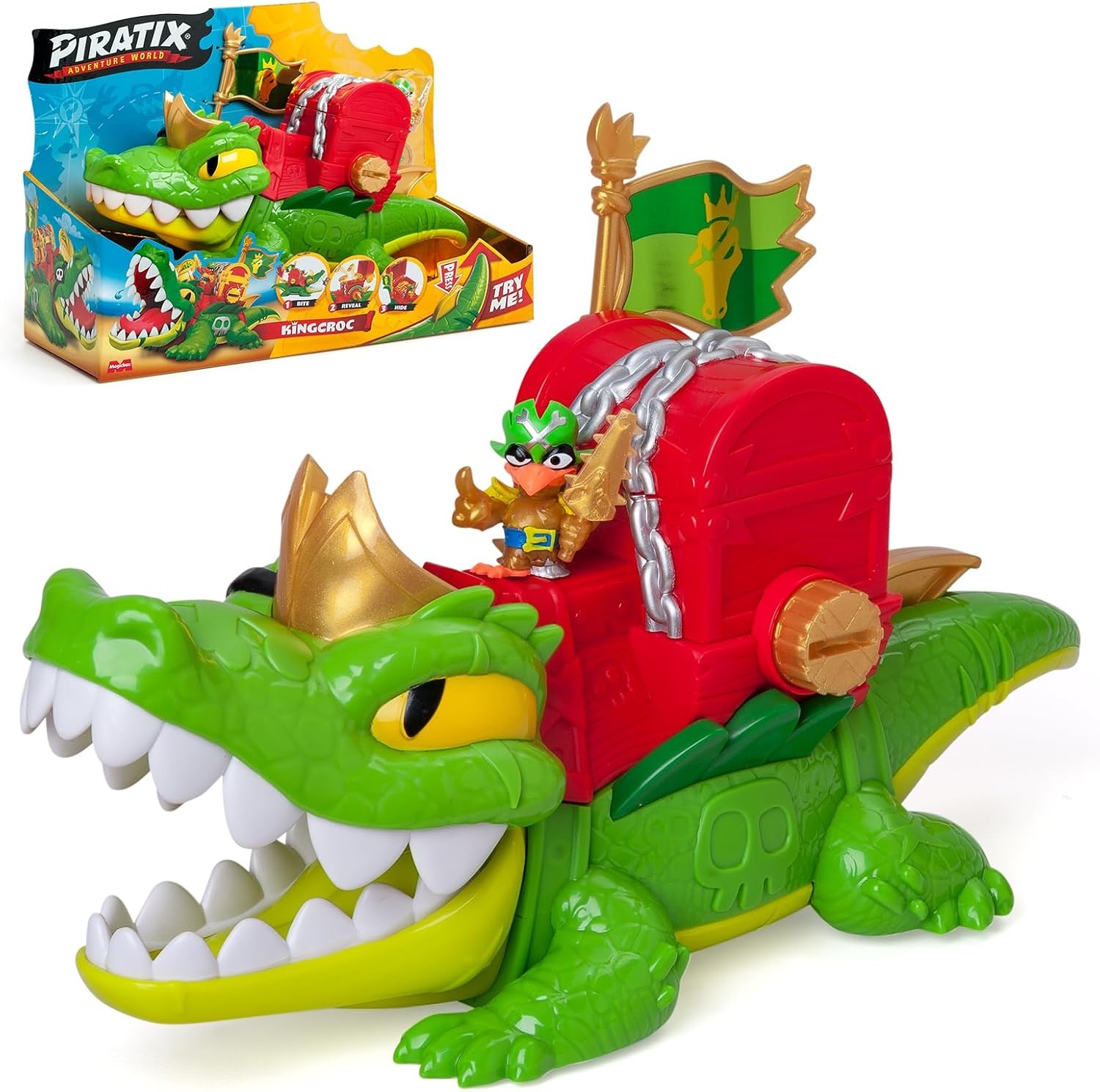 PIRATIX King Croc - scharnierende krokodil voor het vangen van piratix en schatkist - bevat 1 krokodil, 1 exclusieve schat, 2 extra gouden schatten, 1 exclusieve piratix en 1 accessoire
