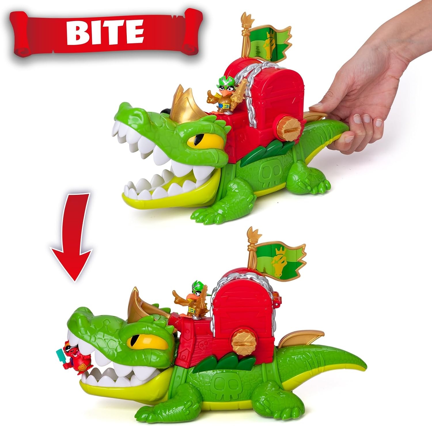 PIRATIX King Croc - scharnierende krokodil voor het vangen van piratix en schatkist - bevat 1 krokodil, 1 exclusieve schat, 2 extra gouden schatten, 1 exclusieve piratix en 1 accessoire