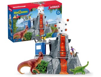 Schleich 42564 DINOSAURS Grote vulkaanexpeditie, dinosaurus-speelgoedset incl. vulkaan met LED-licht & uitbarstfunctie, onderzoeksfiguur & 2 dinosaurusfiguren, aanbevolen leeftijd: 5-12 jaar