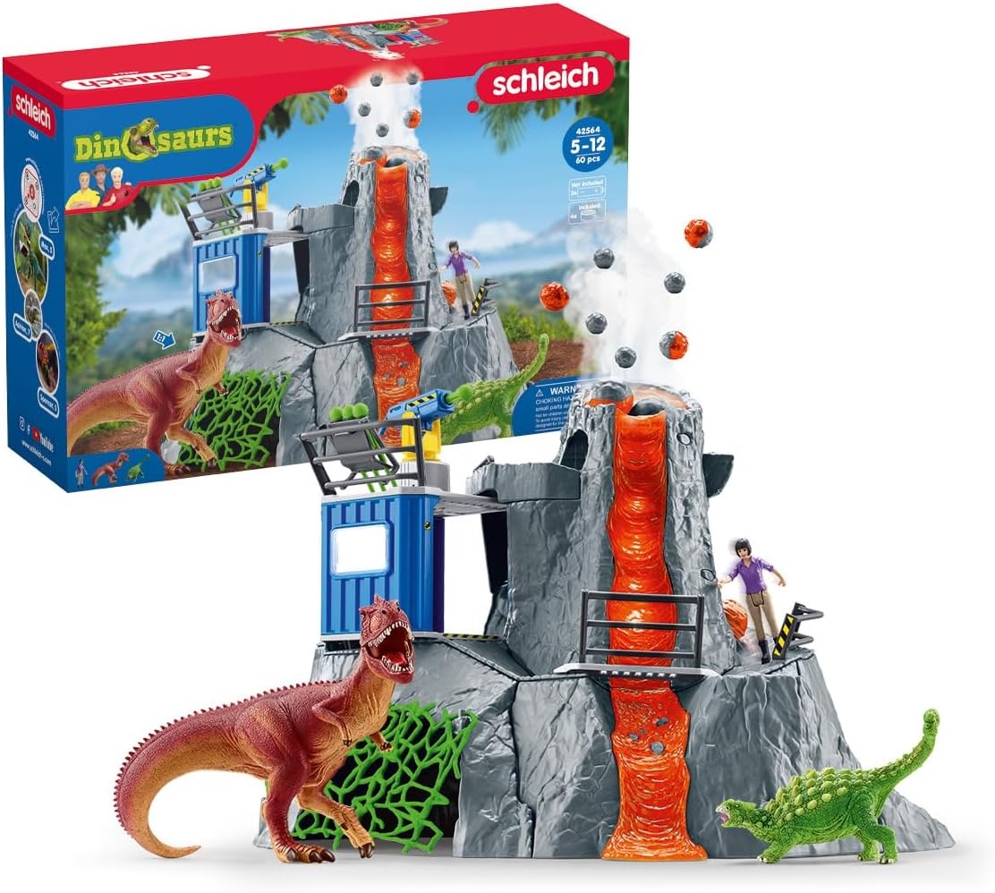 Schleich 42564 DINOSAURS Grote vulkaanexpeditie, dinosaurus-speelgoedset incl. vulkaan met LED-licht & uitbarstfunctie, onderzoeksfiguur & 2 dinosaurusfiguren, aanbevolen leeftijd: 5-12 jaar